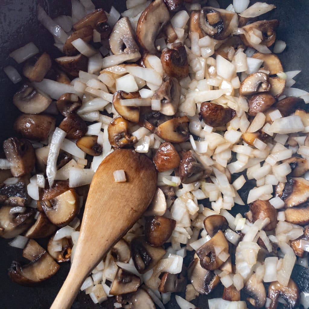Step 1 - fry mushrooms and onions