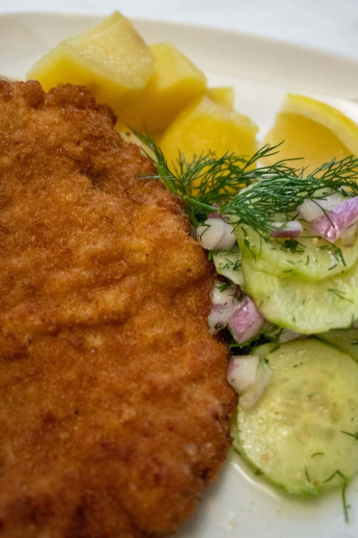 Gold brown schnitzel with cucumber salad, potatoes and a slice of lemon on a plate