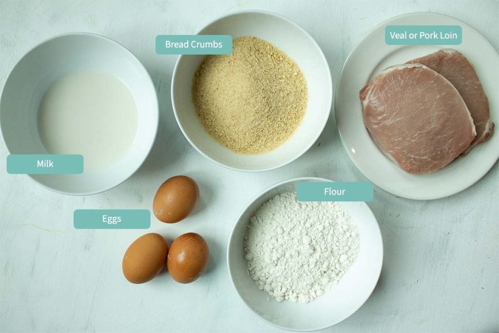 Ingredients for Schnitzel: Pork chops, milk, breadcrumbs, flour and eggs