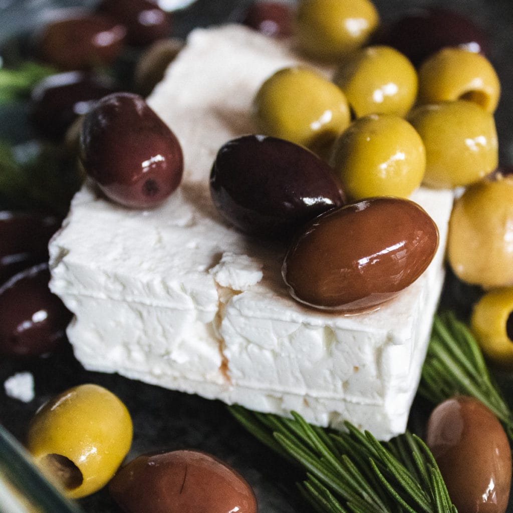 Step 1 - Feta, olives and rosemary in an oven proof form