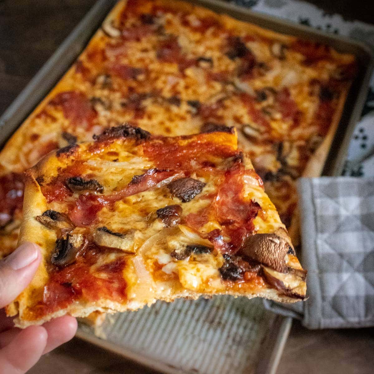 a slice of homemade pizza held in a hand