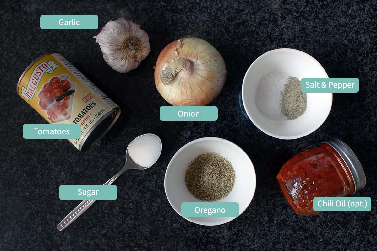 Picture showing all ingredients for homemade pizza sauce