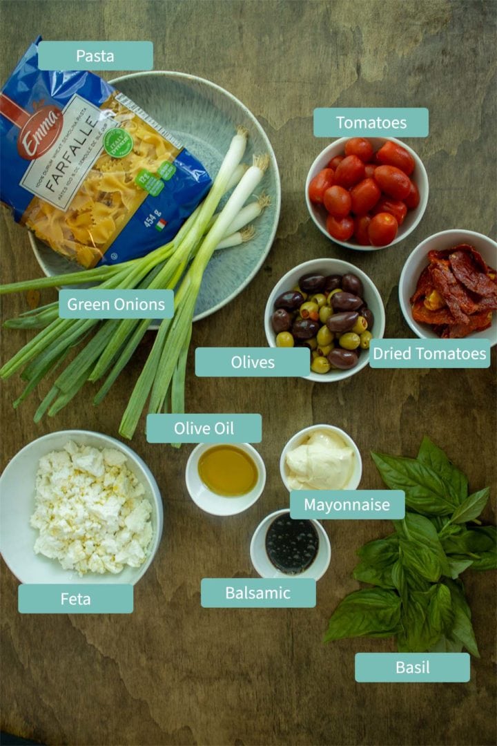 Picture showing all ingredients for this pasta salad