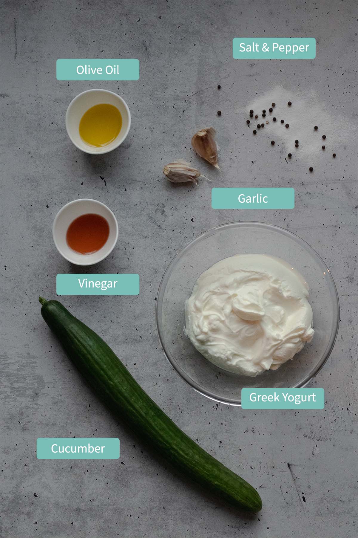 picture showing all ingredients for Greek Tzatziki listed below