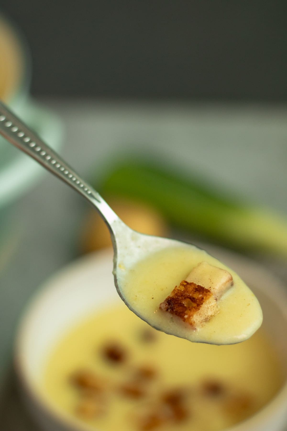 Leek and potato soup on a spoon with blurred background