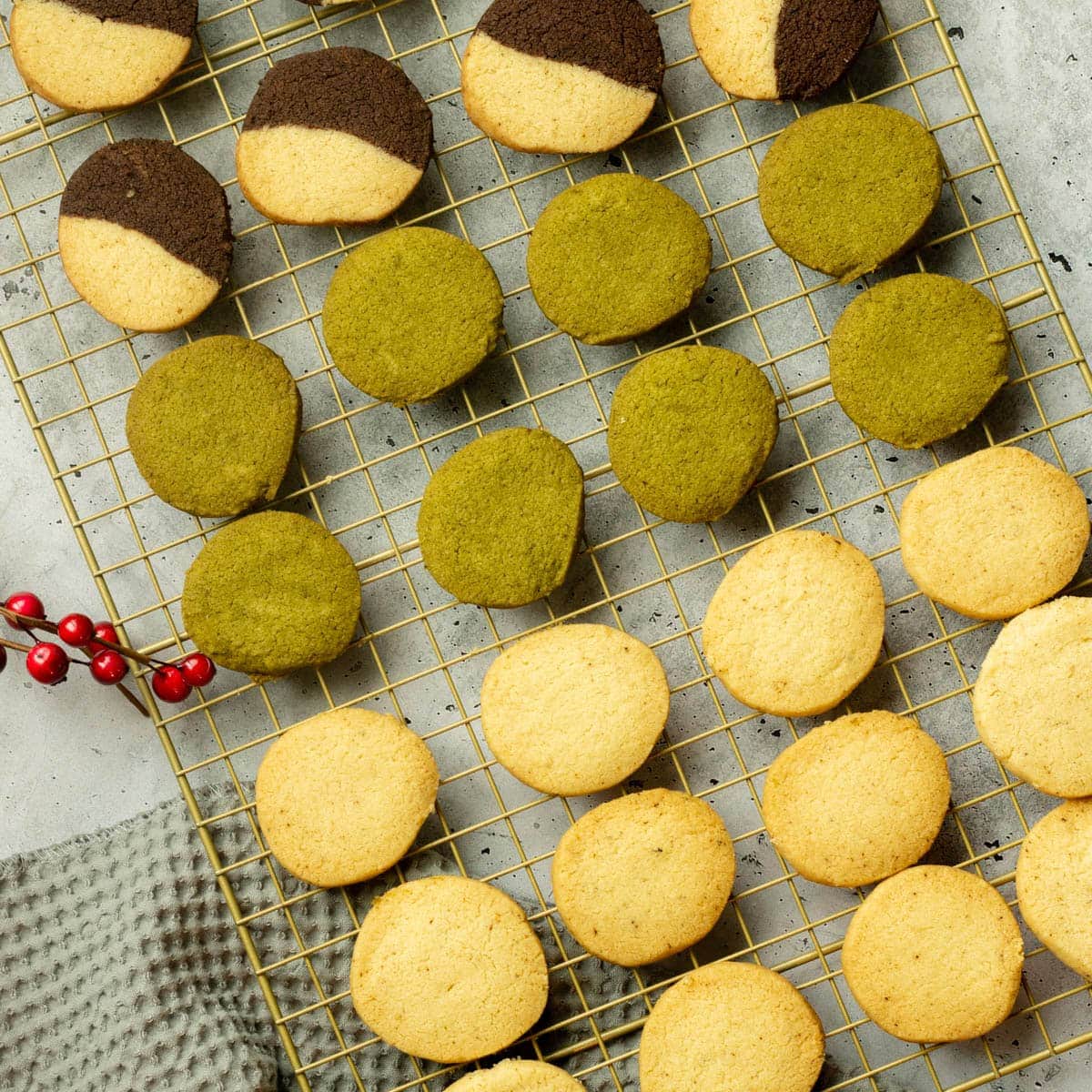 3 kinds of shortbread - chocolate vanilla, matcha, standard - on a cooling rack