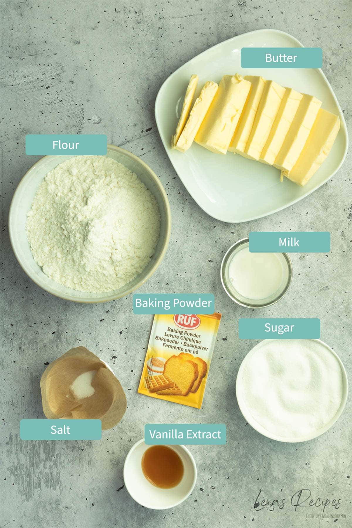 Picture showing all ingredients as listed below for shortbread cookies