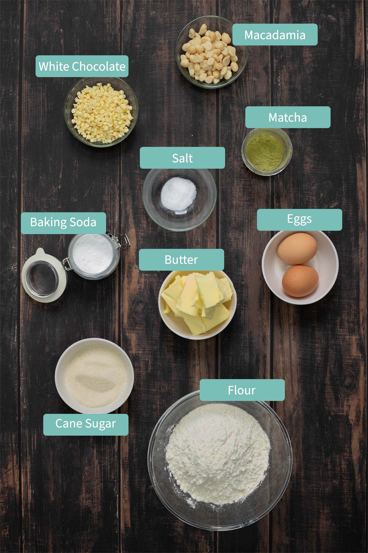 picture showing all ingredients for matcha cookies as listed underneath