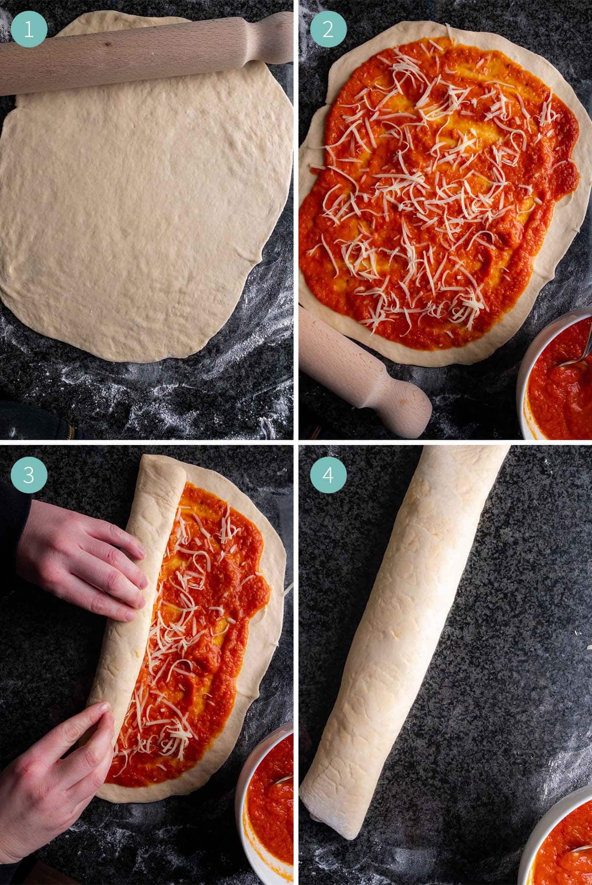 How to make air fryer pizza rolls - Step 1 to 4 in pictures